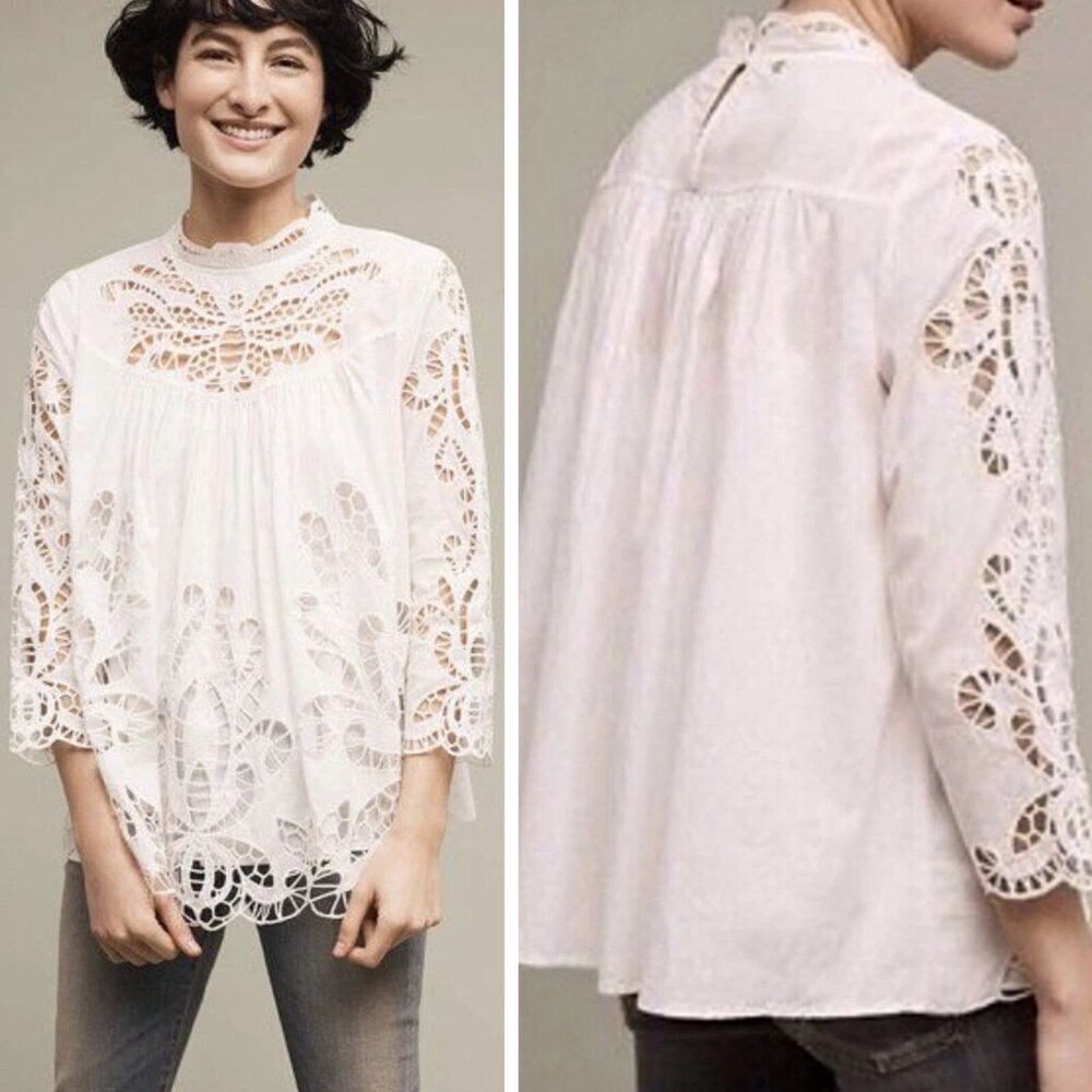 Anthropologie Harlyn White High Neck Butterfly Cut-Out Top Size XS 47879